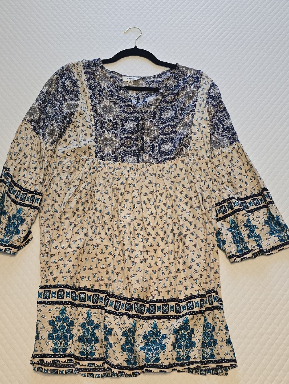 Boho Cream and Blue Printed Tunic Dress